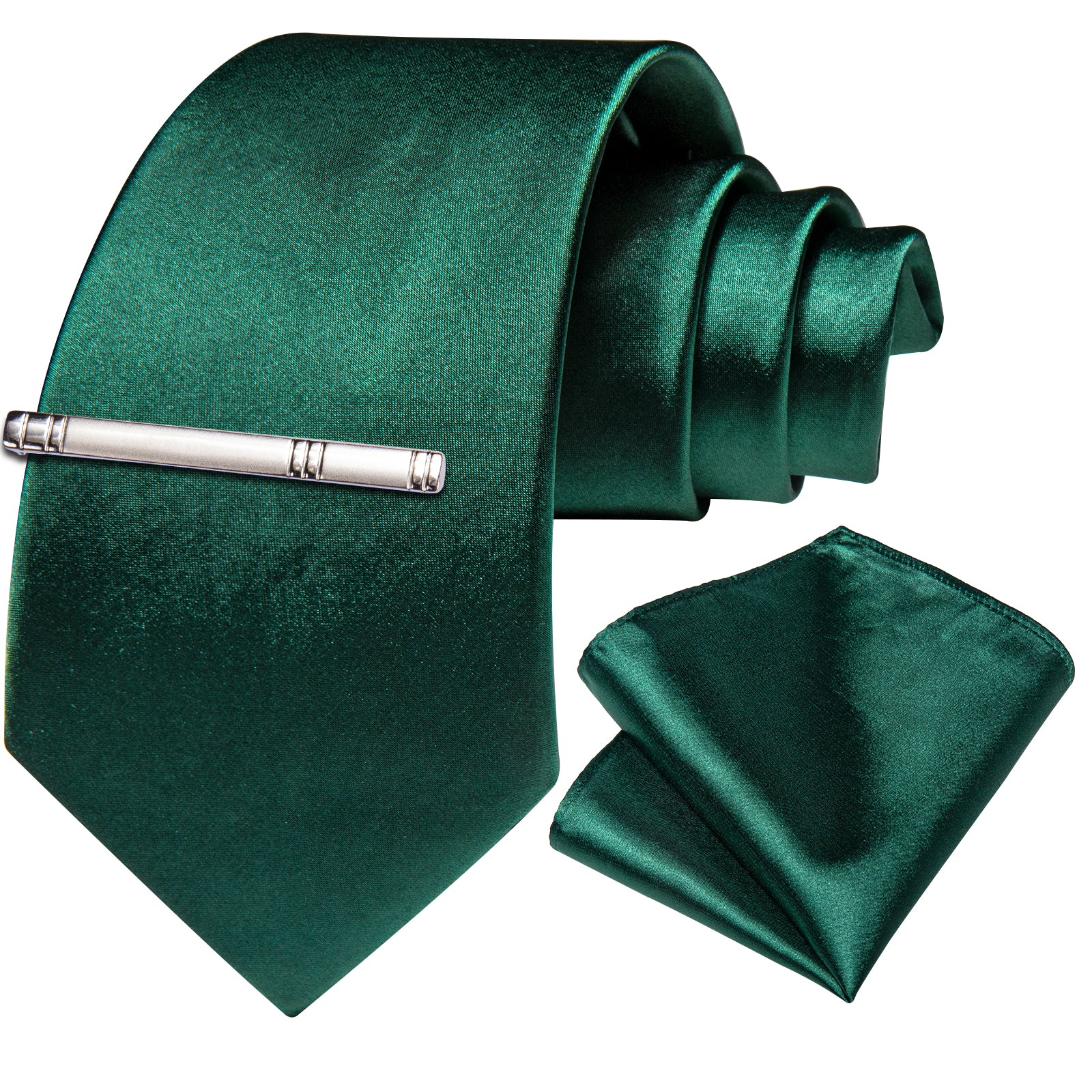Green Solid Men's Tie Pocket Square Handkerchief Clip Set