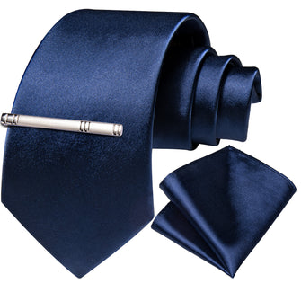 Blue Solid Men's Tie Pocket Square Handkerchief Clip Set