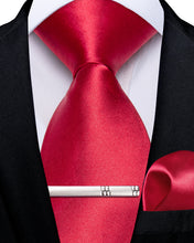 Red Solid Men's Tie Pocket Square Handkerchief Clip Set