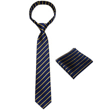 Blue Yellow Stripe Silk Kid's Tie Pocket Square Set