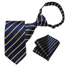Blue Yellow Stripe Silk Kid's Tie Pocket Square Set