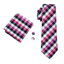 Purple Black Plaid Men's Tie Pocket Square Cufflinks Set (1918156832810)