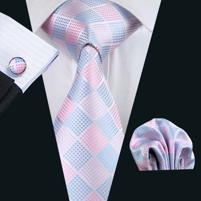 Blue Pink Plaid Tie Handkerchief Cufflinks Set– DiBanGuStore