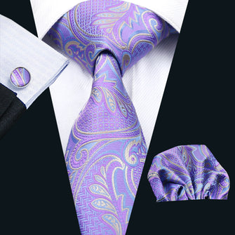 Purple Paisley Tie Pocket Square Cufflinks Set