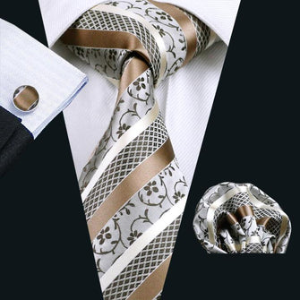 Brown Floral Tie Pocket Square Cufflinks Set