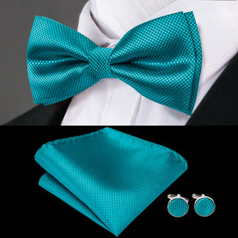 plaid teal blue bow tie hanky cufflinks set for mens wedding