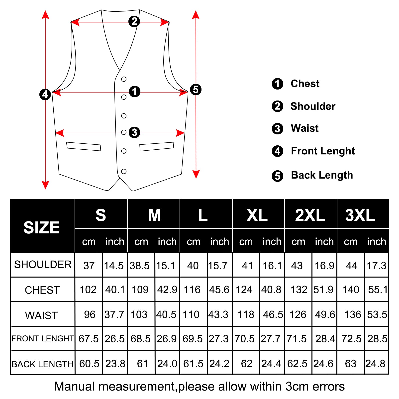 gold button vest size chart
