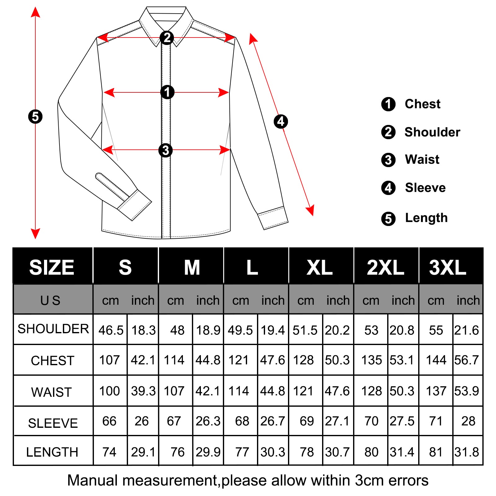 red dress satin shirt size chart