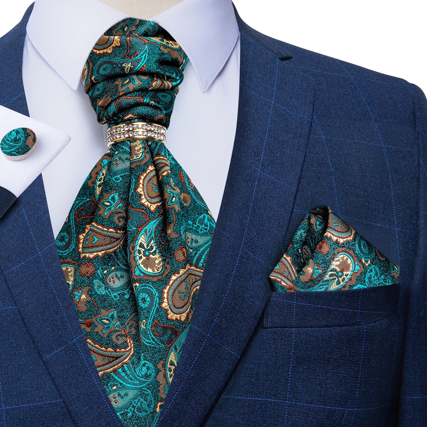 Green Paisley Silk Cravat Woven Ascot Tie Pocket Square Cufflinks With Tie Ring Set (4667742715985)