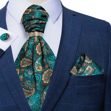 Green Paisley Silk Cravat Woven Ascot Tie Pocket Square Cufflinks With Tie Ring Set (4667742715985)