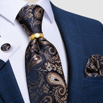 4PCS Blue Brown Paisley Tie Pocket Square Cufflinks with Tie Ring Set
