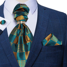 Turquoise Brown Plaid Silk Cravat Woven Ascot Tie Pocket Square Cufflinks With Tie Ring Set (4667819851857)