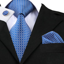 Navy Blue Plaid Silk Tie Handkerchief Cufflinks Set 