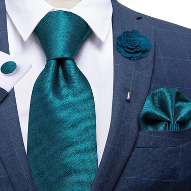 Dark Green Solid Silk Men's Necktie Handkerchief Cufflinks Set With Lapel Pin Brooch Set (4666054148177)