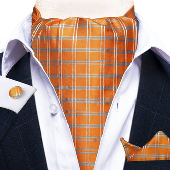 New Orange Plaid Silk Cravat Woven Ascot Tie Pocket Square Handkerchief Suit Set (4602526957649)