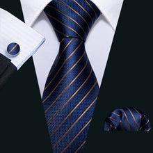 Mens Striped Blue Gold Tie handkerchief Cufflinks Set Silk Tie