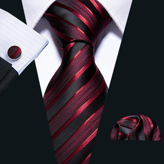 Silk Tie Burgundy Black Striped Tie Pocket Square Cufflinks Set for Mens Suit