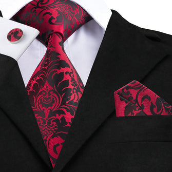 classic red black silk mens floral tie pocket square cufflinks set