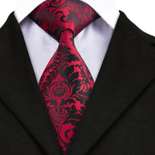 Black Red Floral unique Ties Handkerchief Cufflinks Set