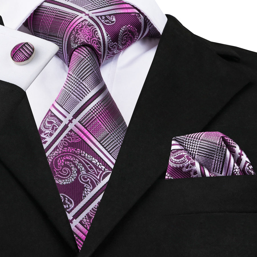 Handsome Mens Violet Plaid Tie Handkerchief Cufflinks Set– DiBanGuStore