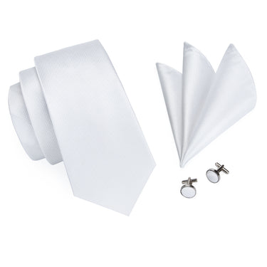 White Solid Silk Tie Pocket Square Cufflinks with Tie Ring Set (4671266324561)